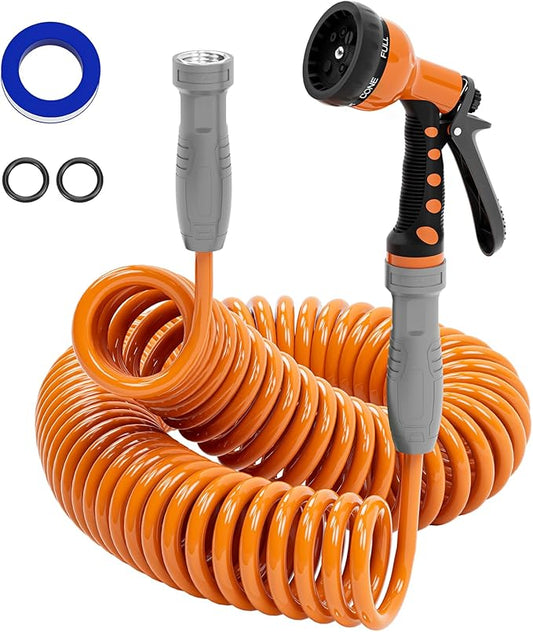 3/8” Lightweight Coil Garden Hose 75 FT, EVA Retractable Curly Water Pipe with 6-Pattern Spray Nozzle for Boat, Greenhouse, Yard, Patio (Orange)