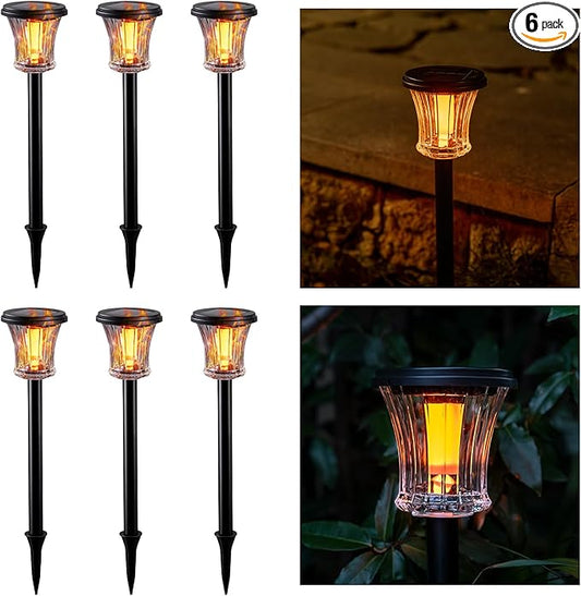 Glass Solar Torch Lights Outdoor Waterproof, Flickering Flame Tiki Torches with Modular Design, Auto On/Off LED Solar Lights for Garden Patio Yard Lawn Pathway Walkway Decorations (6 Pack)