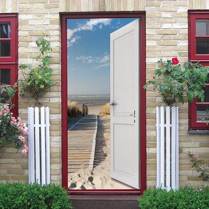 3D Door Wallpaper Self-Adhesive Door Poster - Beach Street - Door Film Photo Wallpaper Premium PVC Waterproof Door Sticker Wall Sticker for Bedroom Living Room Door Decoration Stickers 95 x 200 cm