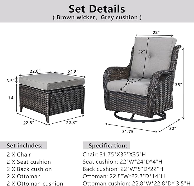 4 Pieces Patio Furniture Sets, Wicker Patio Swivel Glider Chair with Ottomans, Outdoor Furniture Set for Outside Porch, Deck, Balcony, Garden