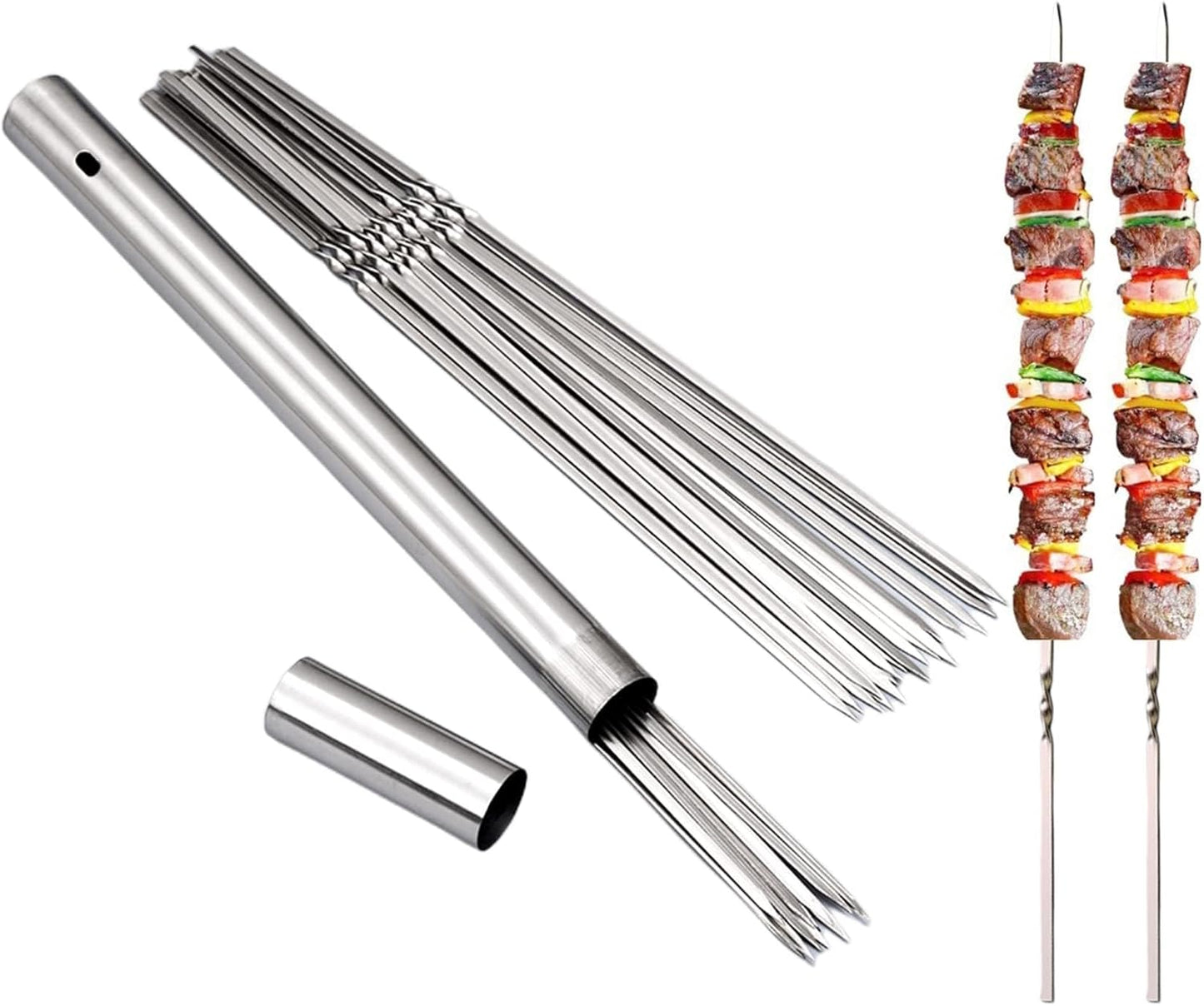 304 Stainless Steel 14.8" Long Flat Barbecue Skewers,20PCS/40PCS BBQ Kebab Skewers with Portable Metal Storage Tube,Reusable for Grilling Barbecue Kitchen Party and Outdoor Cooking (20PCS)