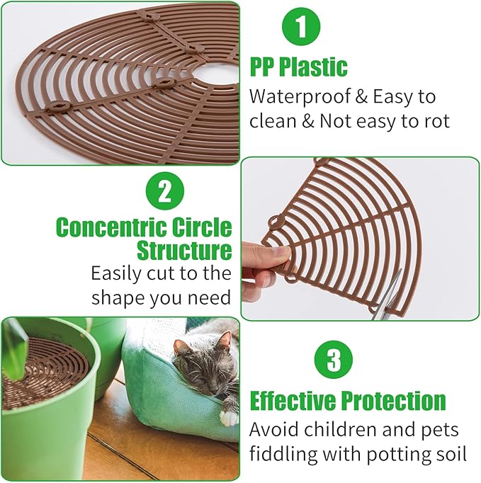 6 Pcs Plant Pot Grid Cover Protectors from Animals- Diameter 11.8" Cuttable Flower Pot Cover with 48 Stakes, Keep Cats Out of Potted Plants, Cat Digging Stopper Baby Safety Soil Cover for Indoor