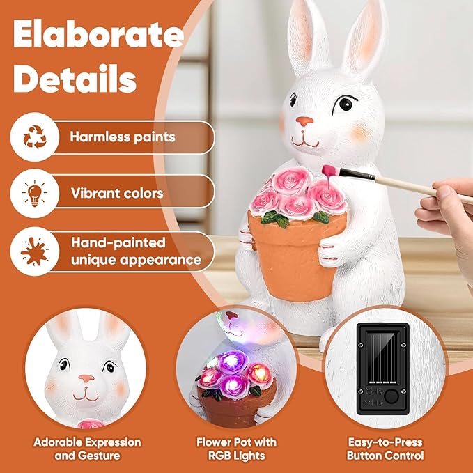 Brightever Solar Powered Outdoor Garden Statues- Rabbit with Flowers and 5 Colorful LED Lights, 11.8IN Outdoor Figurine Lights, Solar Garden Bunny Statue for Easter Decor, Gifts for Mom, Housewarming
