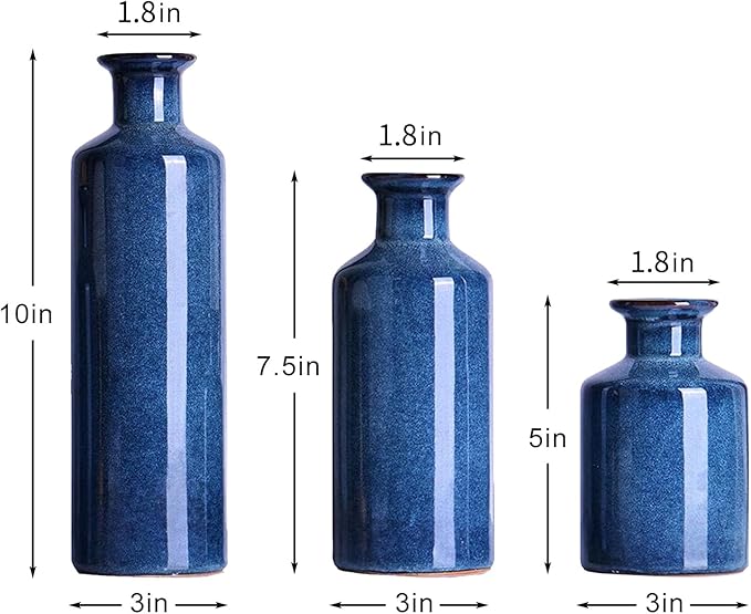 Blue Ceramic Vase Set of 3,Home Decorative Flower Vase,Small vase Set for Farmhouse Living Room Bedroom Tabletop Decor,Office Bookshelf Centerpiece Entrance Decoration