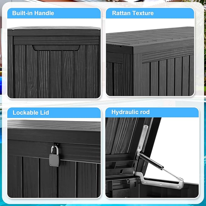 180 Gallon Deck Box,Resin Outdoor Storage Box with Lockable for Patio Furniture, Pool Accessories, Garden Tools Waterproof Outside Storage Box, Black