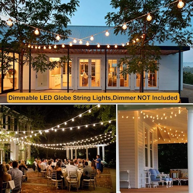 25Ft G40 Outdoor Patio String Lights,LED Bistro String Light with 27 Clear Shatterproof Bulbs(2 Spare),Decorative String Lights for Patio Garden Backyard Cafe Party Wedding Christmas,White Wire