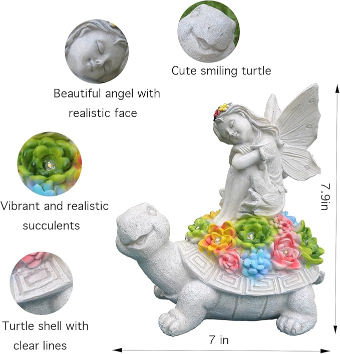 Garden Statues Outdoor Decorations Solar Turtle Angels Decor with Succulents LED Lights Garden Ornaments Figurines for Patio Yard Lawn Gifts for Women Grandma