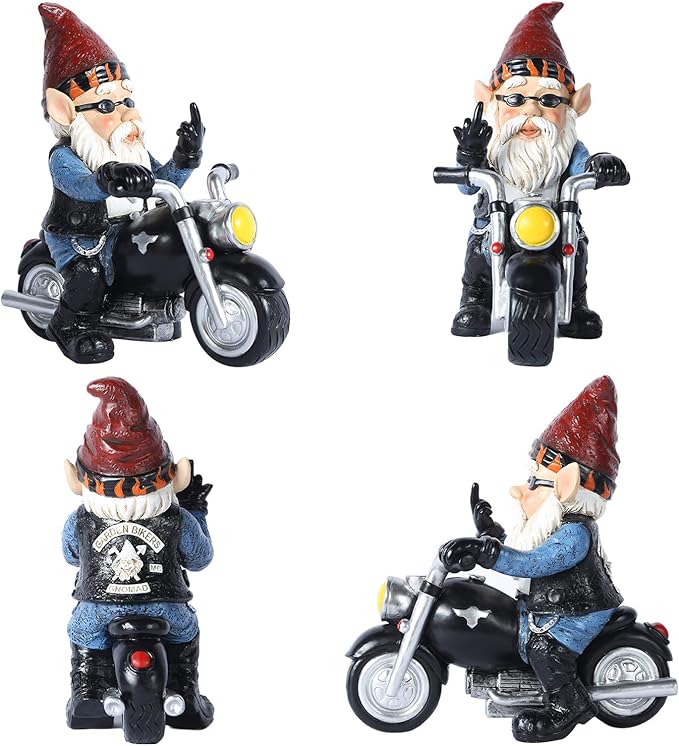 Garden Gnome Riding Motorcycle Funny Outdoor Gnome Decoration Indoor Outdoor Lawn Figurines for Home Yard Décor, Small