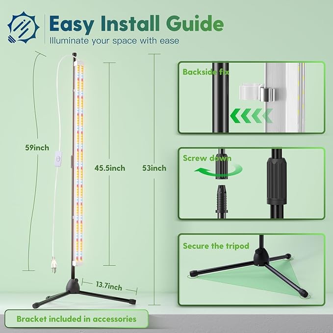 FREELICHT Grow Lights for Indoor Plants with Stand, 40W Full Spectrum, 3 Installation Methods, 4FT LED Plant Grow Light with 53'' Height Adjustable Stand for Hydroponic Seeding Indoor Tall Plants