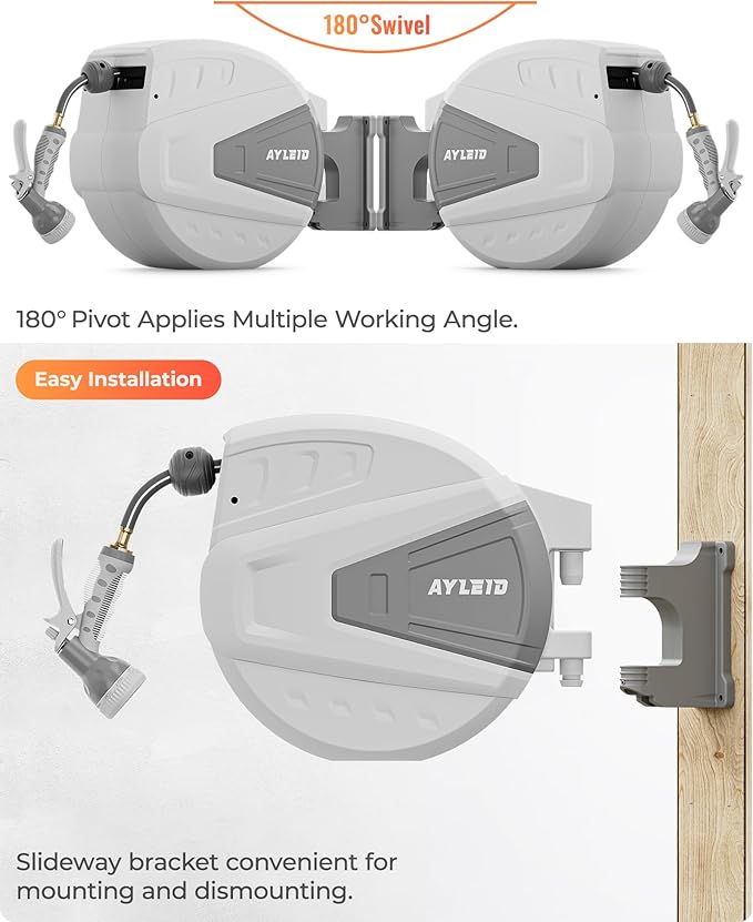 Ayleid Retractable Garden Hose Reel,5/8 in x 100 FT Wall Mounted Hose Reel, with 9- Function Sprayer Nozzle, Any Length Lock/Slow Return System/Wall Mounted/180°Swivel Bracket (Grey)