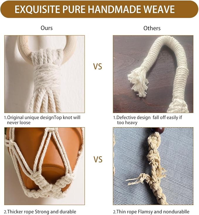 Artilady Plant Hanger Indoor Macrame Hanging Planters for Plants Holder Boho White Basket No Tassels Farmhouse Rustic Window Wall Decor