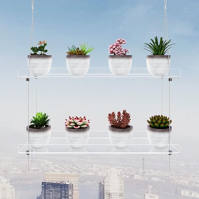 2-Tier Clear Hanging Window Plant Shelves 16inch,Indoor Windows Wall Hanging Plant Stand Flower Display,Flower Pot Organizer Storage for Window Grow Herbs,Microgreens,Succulents,Flower