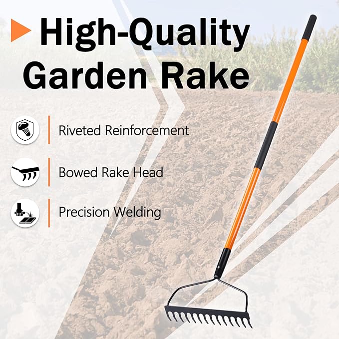 Garden Rake - 14 Tine Heavy Duty Rake with 58 Inch Fiberglass Handle