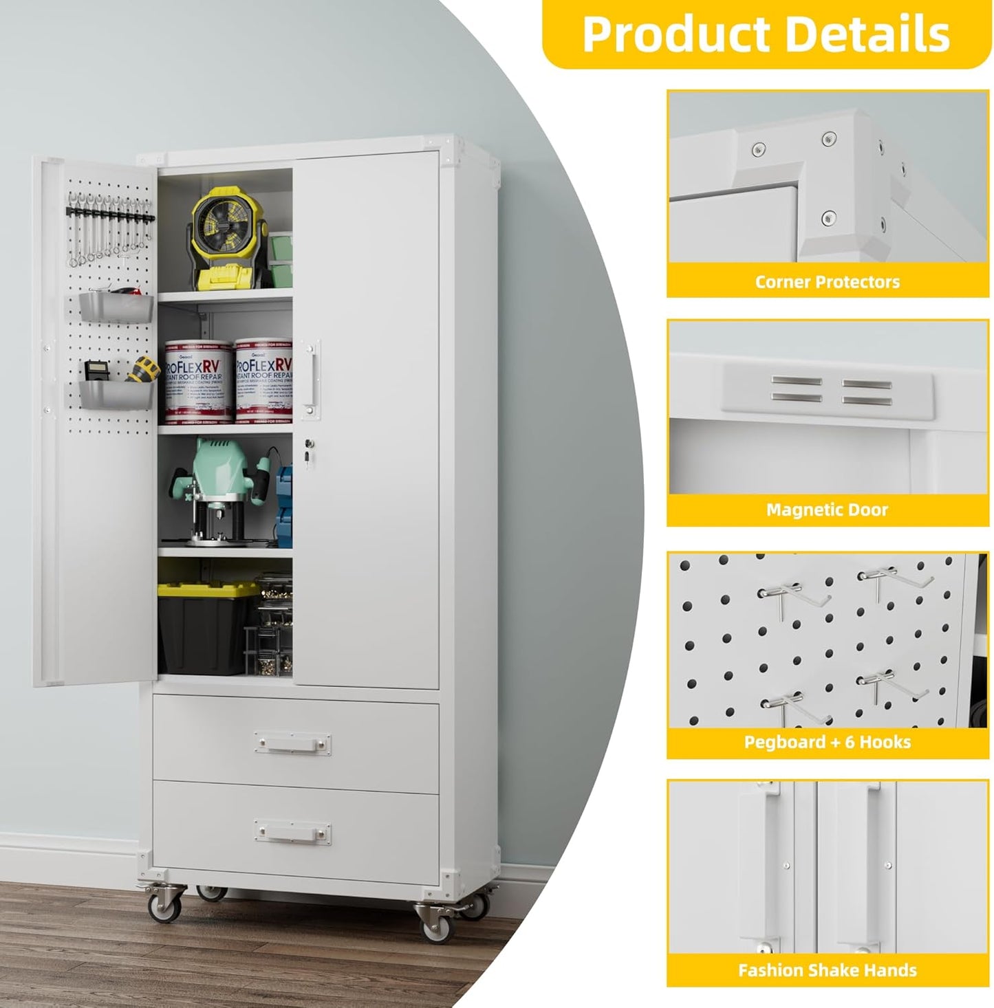 Aobabo 2 Large Drawer Metal Storage Cabinet with Wheels, Lockable Steel Storage Cabinet with 3 Adjustable Shelves with 6 Hooks for Home, Office, Garage, Classroom, White, Assembly Required