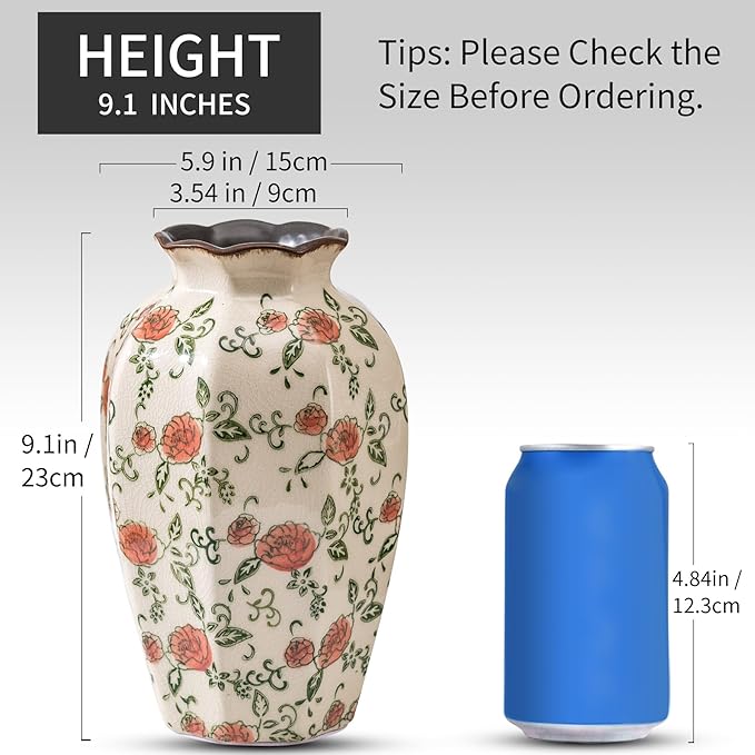 Green&Beige Vintage Octagonal Vase, Red Rose Chinoiserie Floral Vase, Farmhouse Antique Decorative Ceramic Flower Vases for Bouquet, Home Decor, Living Room, Bookshelf, Office, Tuscan Decor 9.1 Inch