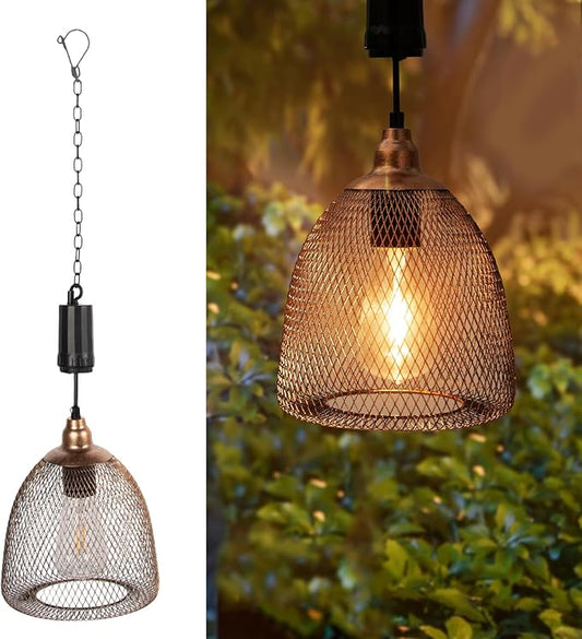 Battery Operated Hanging Light with 6 Hours Timer-Outdoor Indoor Pendant Chandelier Waterproof Lamp Lantern for Gazebo Porch Garden Patio Decorative Metal Warm White Bulb（Brown）