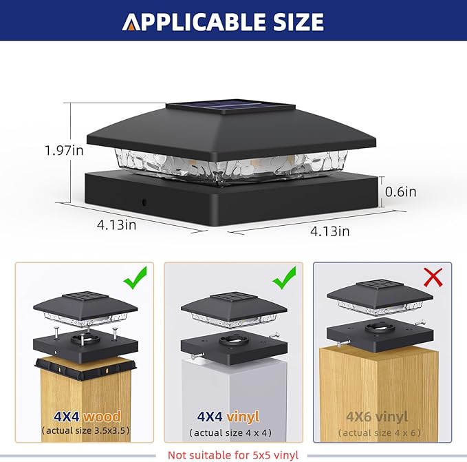 APONUO Solar Post Cap Lights for 4x4 Wood & Vinyl Posts, IP44 Waterproof Cool White LED 4x4 Post Solar Lights, Outdoor Garden Patio Yard Decor, 6 Pack (Black)