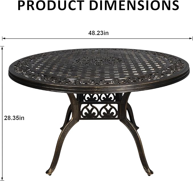 48" Round Patio Table for 6 Person Cast Aluminum Bistro Table with Umbrella Hole,Metal Patio Table Outdoor Bistro Dining Table for Garden,Bronze