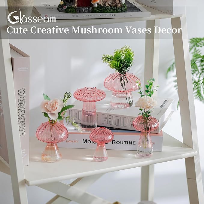 Glasseam Mushroom Plant Propagation Stations: Pink Glass Terrarium Jar Set of 10 Cute Planters for Indoor Plants Mini Propagate Station Unique Christmas Birthday Gifts for Women Home Office Decor