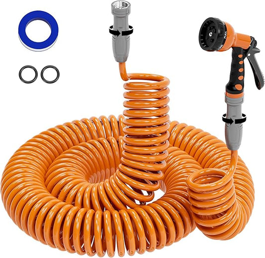 3/8” Lightweight Coil Garden Hose 100 FT, EVA Retractable Curly Water Pipe with 6-Pattern Spray Nozzle for Boat, Greenhouse, Yard, Patio (Orange)