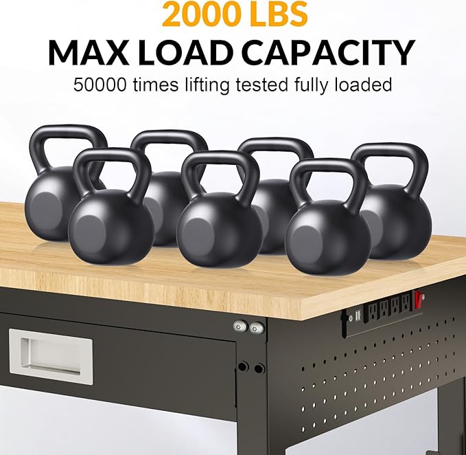 48" Workbench with Drawers, Adjustable Height Work Bench 2000 LBS Heavy-Duty Work Table Rubber Wood Work Station with Power Outlet & Pegboard for Garage, Office, Workshop, Home, Party Shop