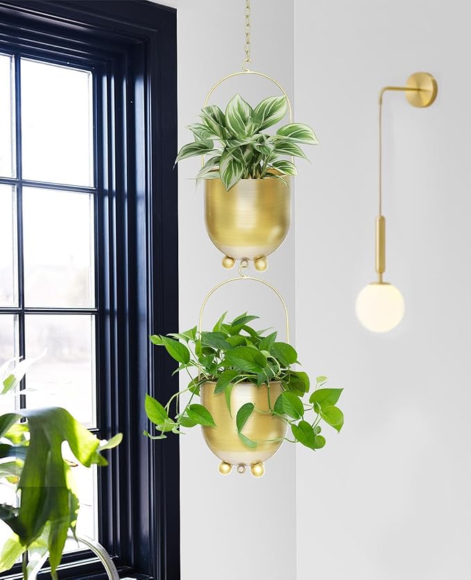 AceList Boho Gold Metal Hanging Planters, Set of 2 with Hooks & Chains - Versatile Wall & Ceiling Window Hanging Planters for Indoor/Outdoor Décor