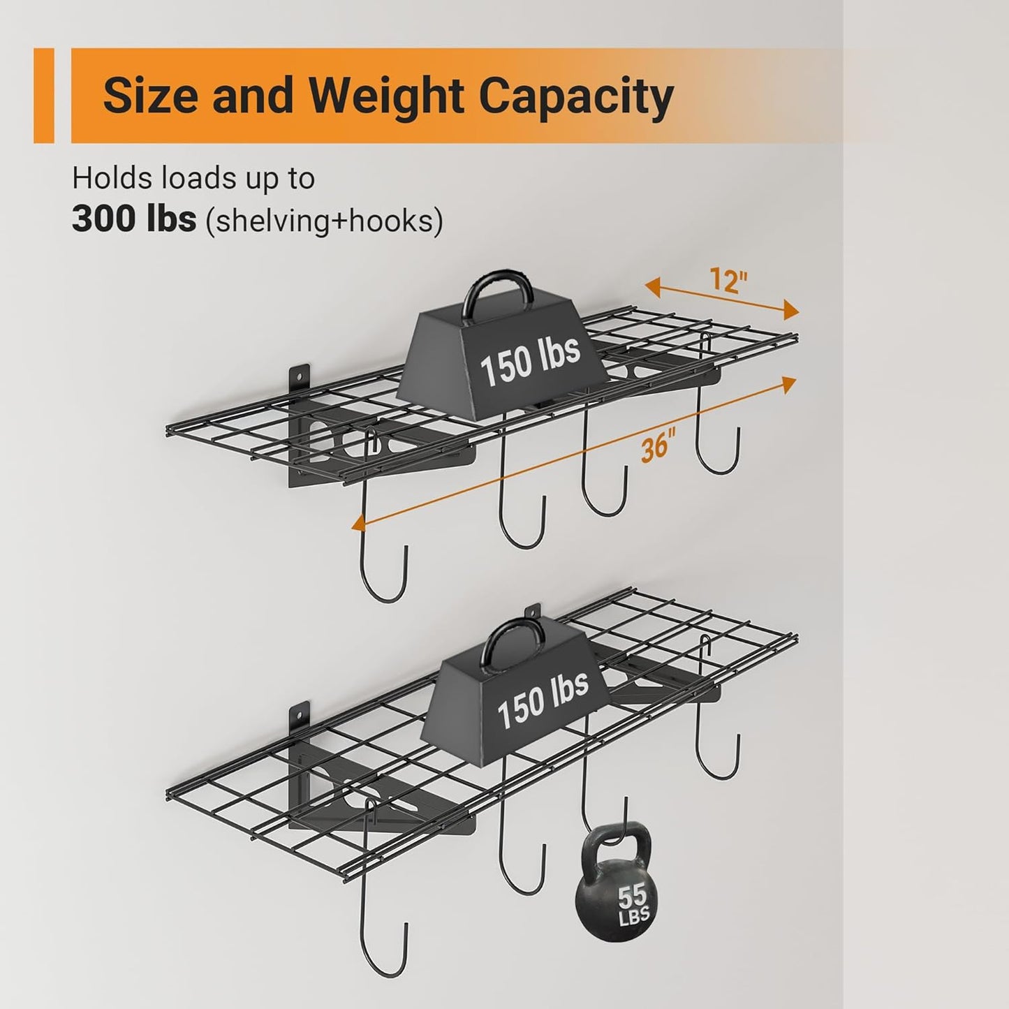 1x3 ft Garage Shelving with 8 Bike Hooks, 2-Pack Wall-Mounted Shelves for Garage, Kitchen, Pantry Storage, 300 lbs Total Load Capacity Garage Wall Shelving, Black