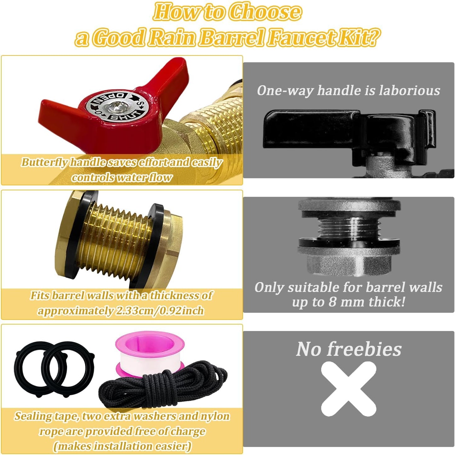 Brass Water Container Rain Barrel Faucets Lead-Free Spigot Kit 3/4" GHT Brass Rain Barrel Quarter Turn Ball Valve Spigot with Bulkhead Fitting Suitable for Garden Hose Thread Connection