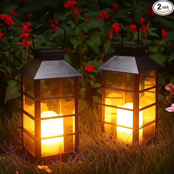 2 Pack Christmas Solar Lantern,Outdoor Garden Hanging Lantern-Waterproof LED Solar Lanterns Plastic Flickering Flameless Candle Mission Lights for Christmas Table, Outdoor, Party Decorative (Black)