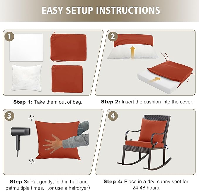 24x24 Inch Outdoor Cushions for Patio Furniture Set of 2, Waterproof Outdoor Chair Cushions w/Fade-Resistant, Removable & Machine-Washable Covers, Deep Seat Sofa/Couch Pad Replacement, Rust