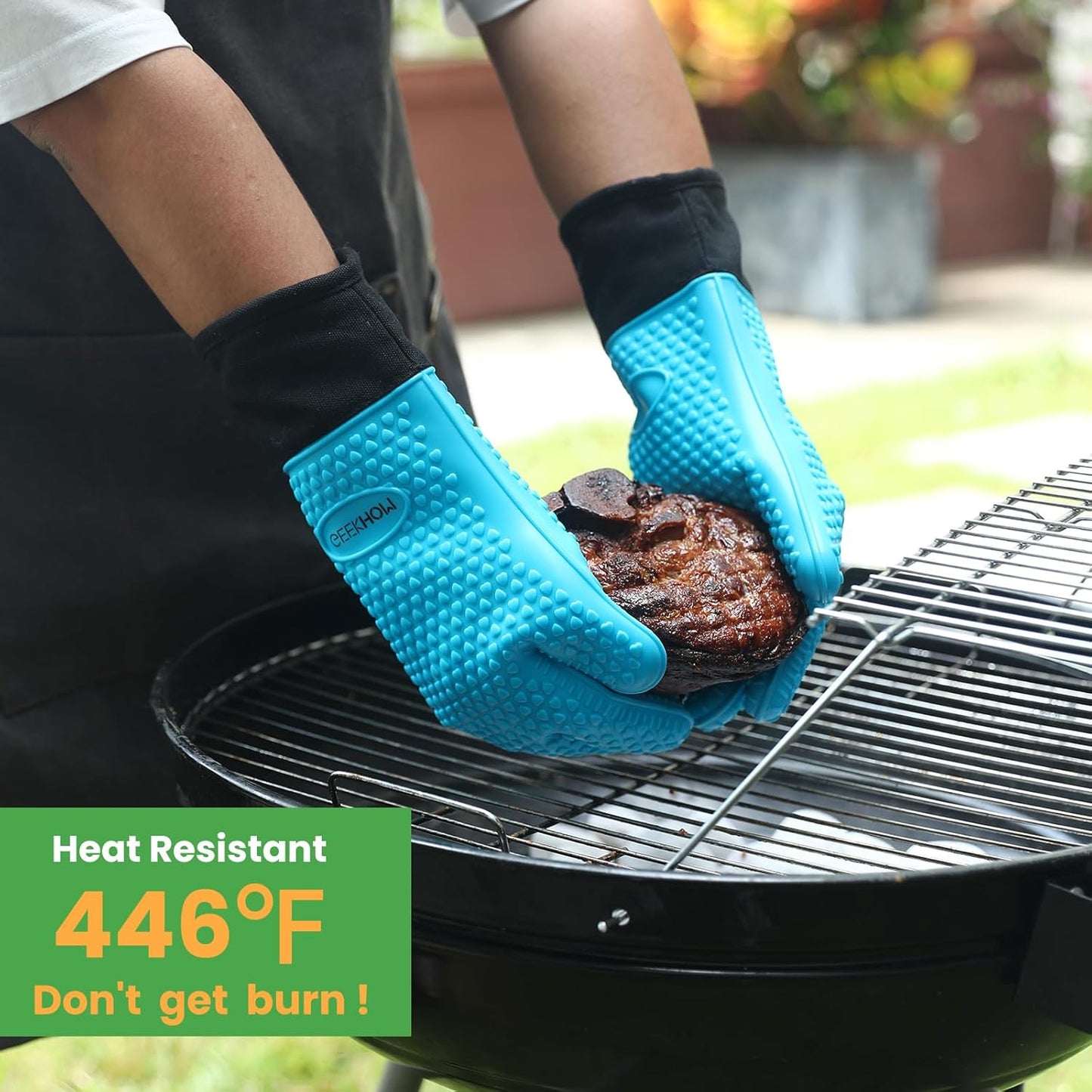 GEEKHOM BBQ Gloves Heat Resistant Oven Mitts - Silicone Grilling Gloves with 14" Long Arm Protection - Waterproof Pot Holder Non-Slip for Men & Women, Kitchen Cooking, Baking, Camping, Blue