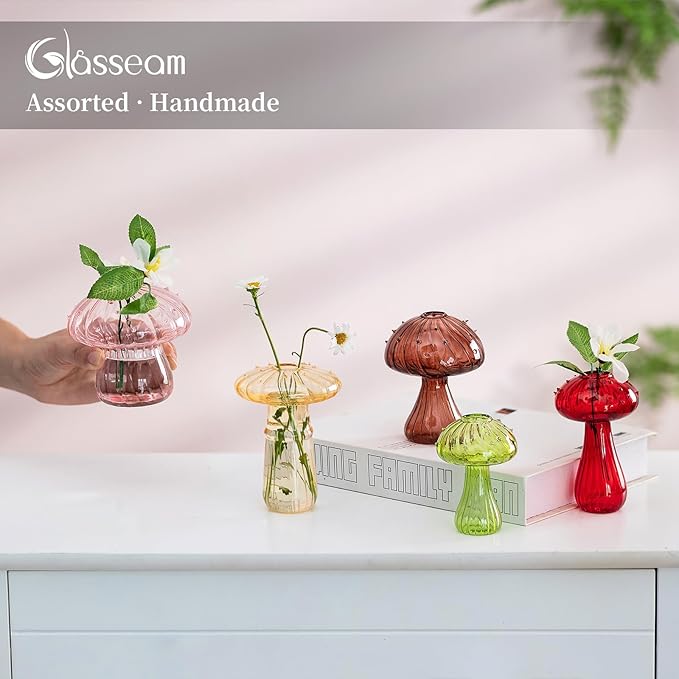 Glasseam Mushroom Planter Propagation Vase, Set of 10 Glass Terrariums for Plants, Cute Hydroponic Small Planter, Colored Propagate Station, Decorative Bud Vases for Flowers, Unique Gifts for Women