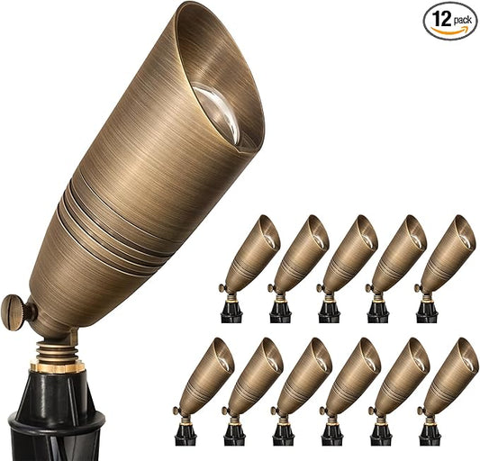 GKOLED 12-Pack Solid Brass Landscape Spotlight, 12V AC/DC Low Voltage Landscape Lights, Outdoor Directional LED Uplight Waterproof Fixture with ABS Ground Spike, Garden Spot Up Light Without Bulb