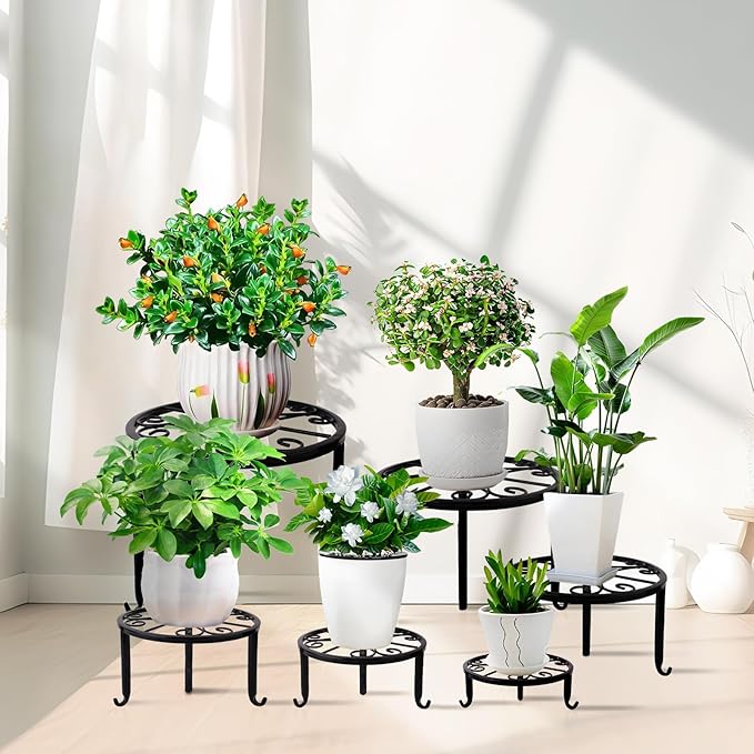 6-Pack Metal Plant Stand,Heavy Duty Flower Pot Stands for Multiple Plant,Outdoor Anti-Rust Plant Pot Shelf, Round Plant Holder for Outdoor/Indoor Planter, Living Room, Balcony Decor (6PACK BLACK)