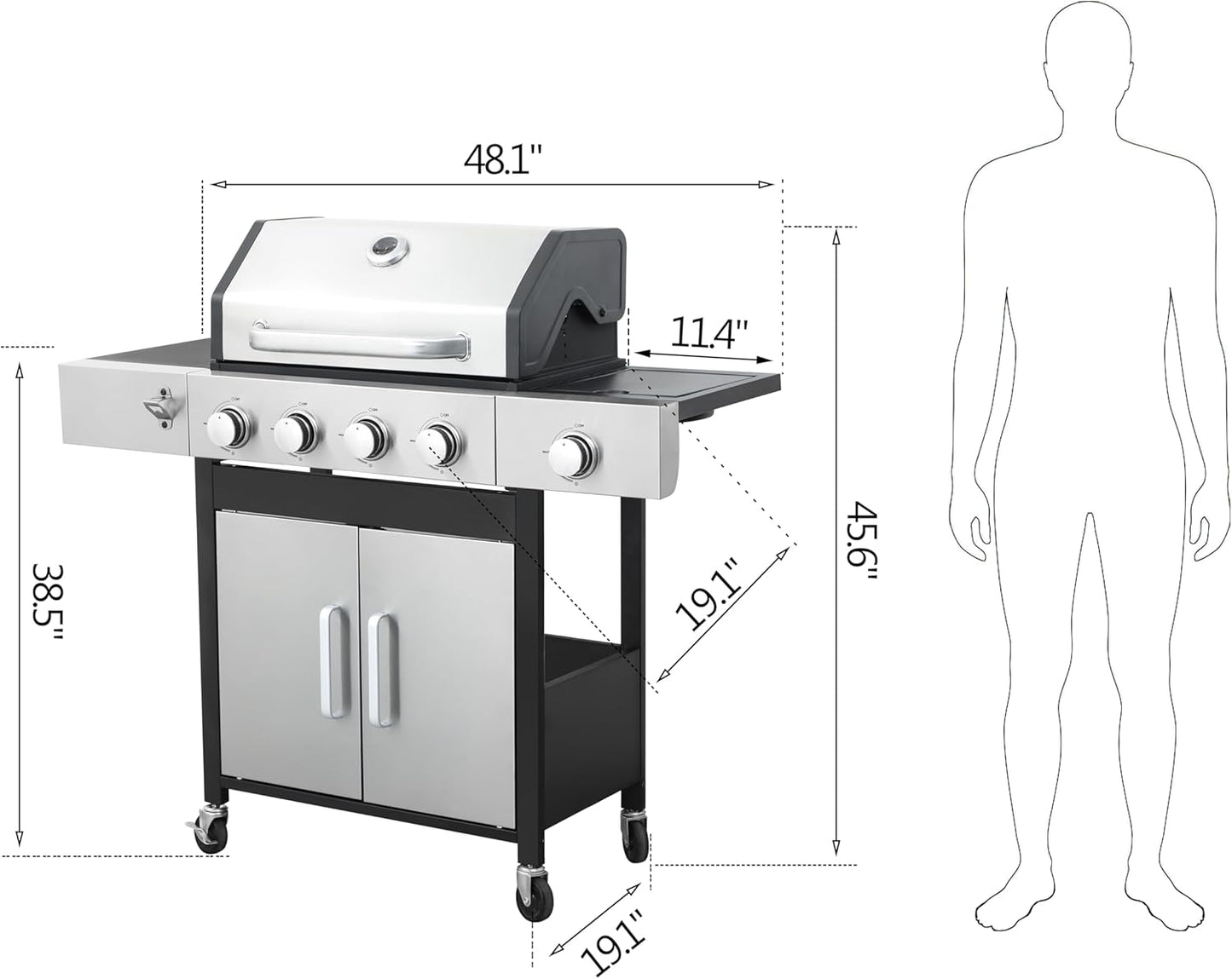 4-Burner Propane Gas Grill With Side Burner, 34,200 BTU Outdoor BBQ Grill with Stainless Steel Warming Rack & Enameled Cooking Grids – Foldable Side Tables, Built-in Thermometer – Heavy-Duty 6" Wheels