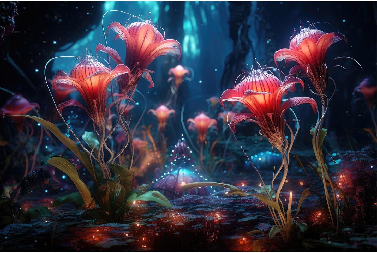 Aquarium Background Beautiful Red Translucent Flowers Terrarium Background Abstract Fantasy Plants Underwater World Tank Poster Glowing Flowers Foggy Forest Fish Tank Background Decors Vinyl 36x20in