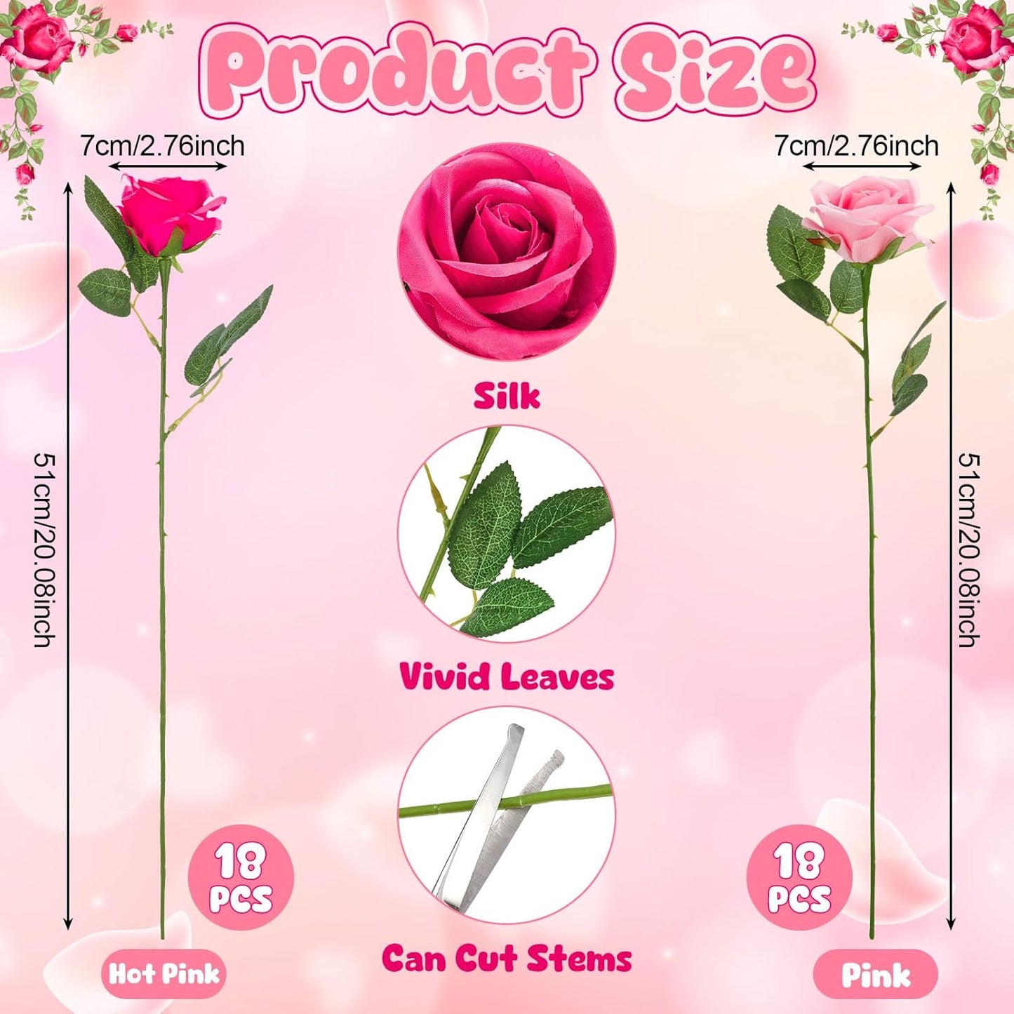 36 Pcs Pink, Hot Pink Artificial Roses with Long Stems, Fake Silk Rose Artificial Flowers Bulk for Bridal Wedding Bouquet Centerpiece Ball Arrangement Party Decor