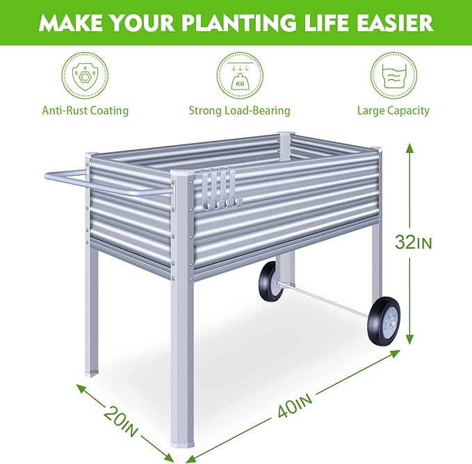 Galvanized Raised Garden Bed with Legs, Metal Raised Planter Box with Drainage Holes Outdoor Elevated Garden Bed on Wheels for Backyard, Patio, Balcony