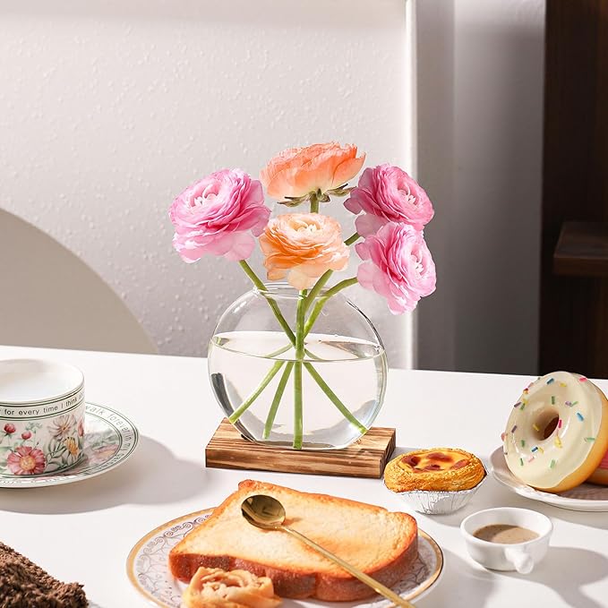 4 Pack Plant Propagation Station with Wooden Base Glass Terrariums for Indoor Plants Decorative Round Vases for Flowers Hydroponic Planter for Home Office Decor