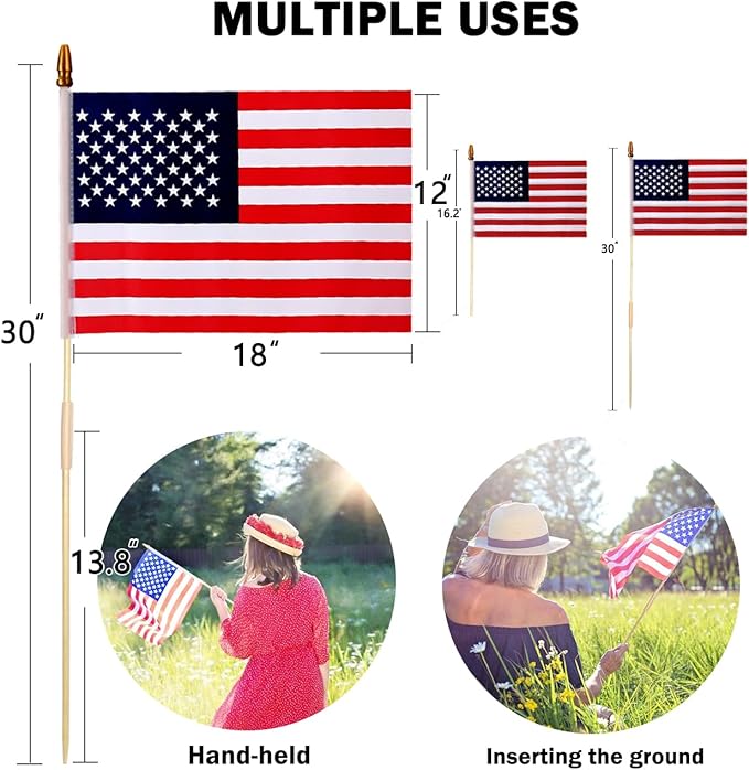 50 Pcs 12x18 Inch American Flags on Stick, American Flags, USA Stick Flag with Handheld and Grounded Multi-Purpose Flagpole, Design for Memorial Day, 4th of July, Veterans Day