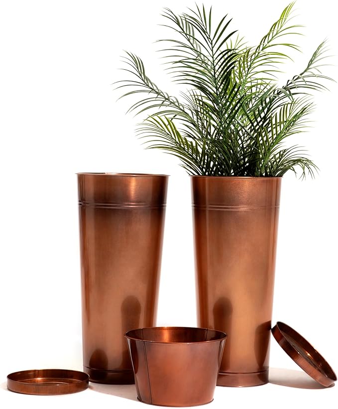 28in Tall Antique Copper Metal Vintage Planter Set of 2,Galvanized Steel Planter Pots for porches/Indoor/terraces Patio- Copper Color(2planters,2inner pots with Holes, 2trays)