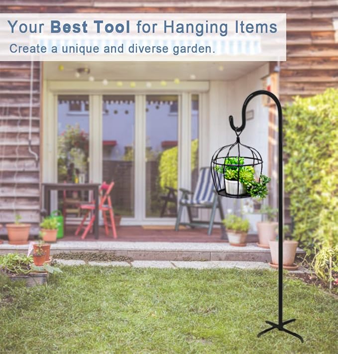 76 inch Outdoor Shepherd Hook with 5 Prong Base (2 Packs), Adjustable Heavy Duty Garden Hanging Stake for Bird Feeder Solar Light Plant Hanger Wedding Decor, Matte Black