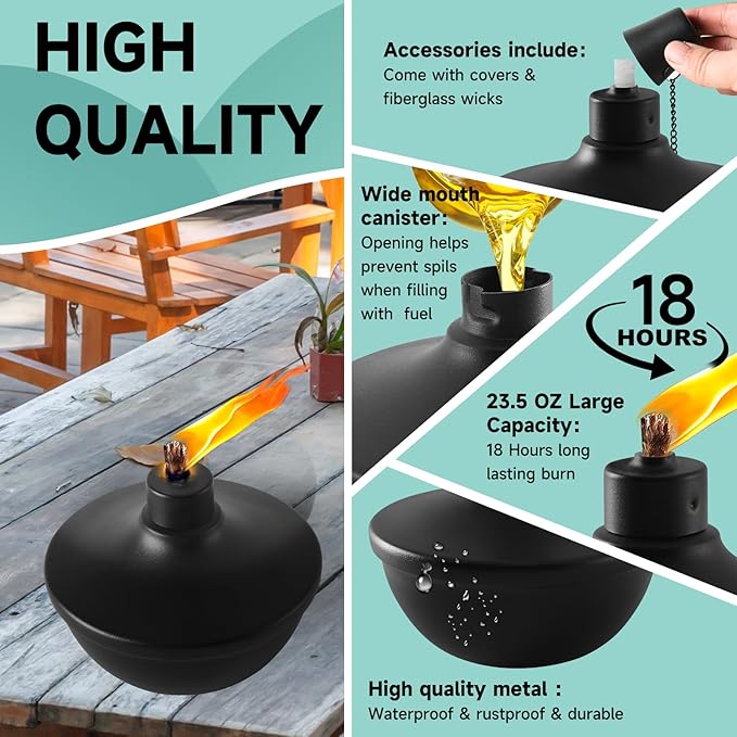 6 Pack Metal Table Top Torches,23.5 oz Citronella Torches for Outside,Refillable Flame Light Torch with Wicks and Covers for Party, Garden Decor,DIY