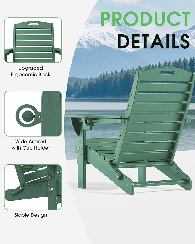 Adirondack Chairs Set of 4, Outdoor Fire Pit Chairs, HDPE All-Weather Adirondack Chairs with Cup Holder, Lawn Chair for Deck, Patio, Garden (Green)