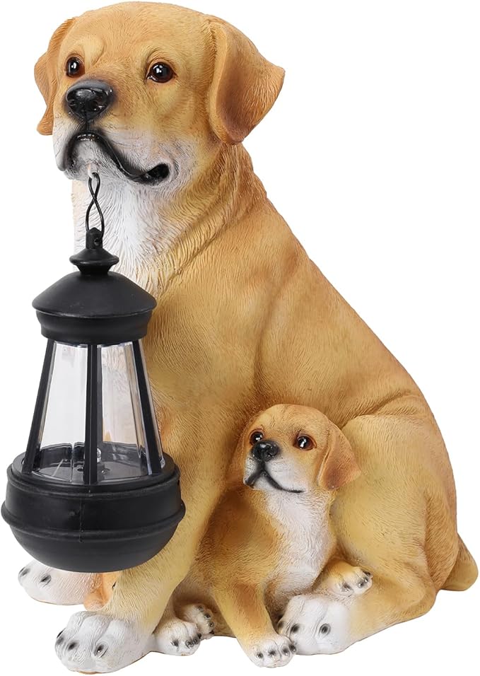 Afirst Solar Dog Statue Garden Decor- Outdoor Decor with Solar Lantern Lovely Labrador Mom with Baby Figurine Patio Lawn Yard Art Ornaments Housewarming Gift