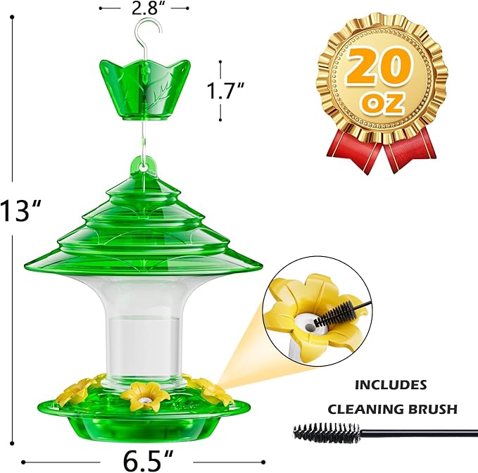 Birdream Hummingbird Feeder for Outdoors Hanging, 20oz Hummingbird Feeders with 5 Bee Guard Feeding Ports & Built-in Ant Moat Brush Leak-Proof for Outside Gifts for Women - Green