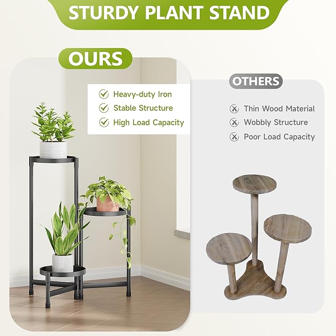 3 Tier Metal Plant Stand Indoor, Rotatable Corner Plant Shelf Outdoor, Tiered Flower Pot Display Stand, Multiple Plants Holder for Patio Living Room Balcony Garden Home Decor - Black