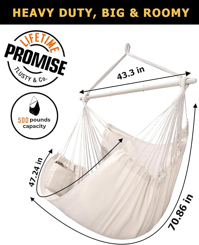 ADVOKAIR Hammock Chair Hanging Chair Rope Swing XXL - Max 500lbs, 70in Large Hammock Swing Chair -Portable Steel Spreader Bar with Anti-Slip Rings-Roomy & Strong