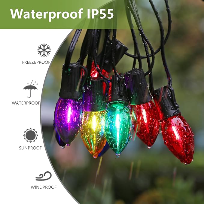 25 Pack C9 LED Replacement Christmas Light Bulbs Multicolor, Waterproof Shatterproof Outdoor String Lights Vintage LED Filament Bulb, E17 Base, Commercial Grade Holiday Decoration Bulbs