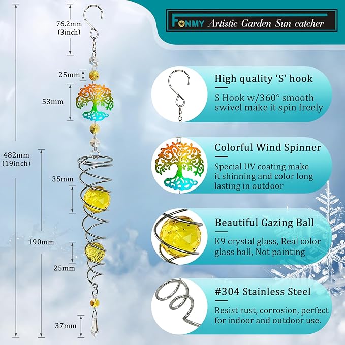 FONMY Tree of Life Gazing Ball Spiral Wind Spinner Sun Catcher Rainbow Maker Silver Spiral W/Golden K9 Crystal Ball Tree Hanging Ornament Indoor Outdoor Garden Decor. 19.5inch H